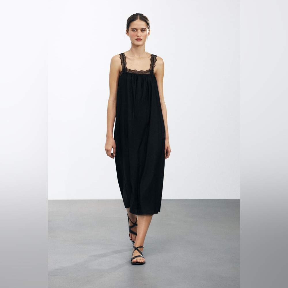 ZARA Cotton Slip Dress With Lace Tie Straps. M NWT ZW Collection
